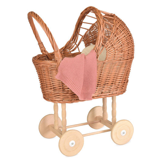 Wicker Pram with Knitted Blanket